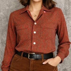 Vintage 70s Mod Geo Paisley Blouse Red Button Shirt Donegal Modern Classics S